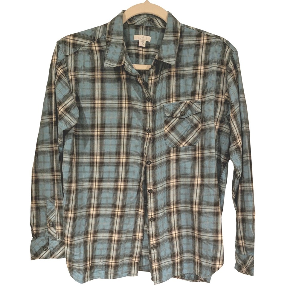 JJill Plaid Flannel Shirt Womens Petite Size S Blue Button Up Long Sleeve Cotton